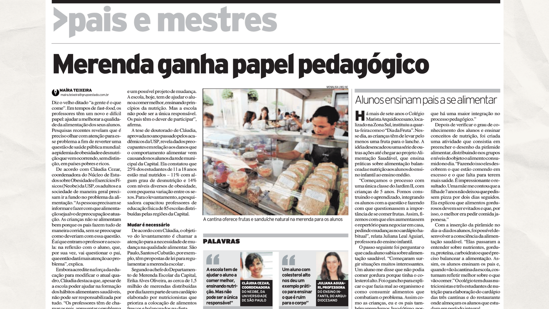 Matéria de jornal sobre merenda escolar com papel pedagógico
